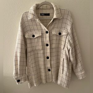 Zara M Tweed Textured Woven Plaid Frayed Shacket